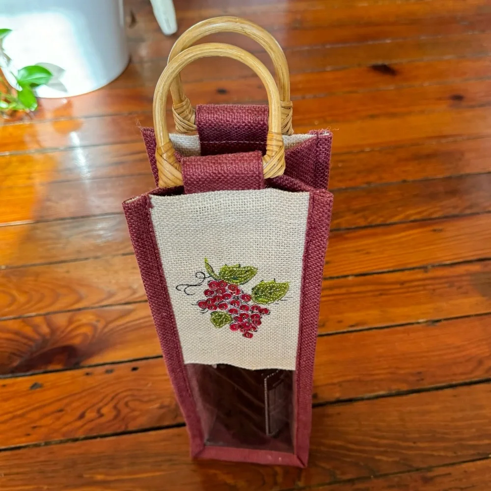 Wrap Art Wooden Handle Burlap Beaded  Wine Tote Bag